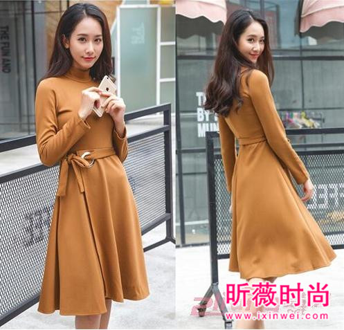 系带高腰高领长袖针织裙 冬季美女衣橱必备单品