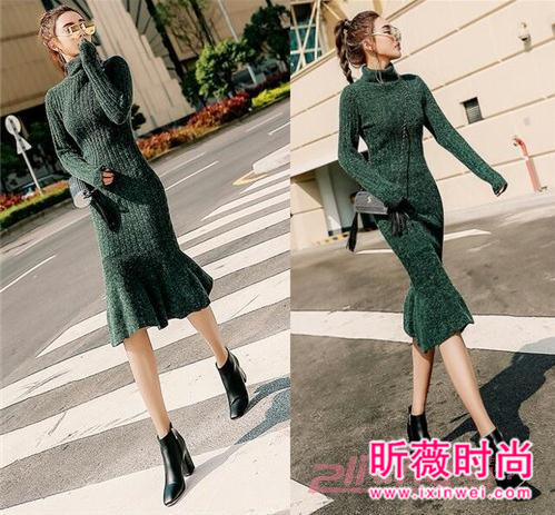 系带高腰高领长袖针织裙 冬季美女衣橱必备单品