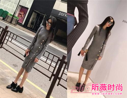 系带高腰高领长袖针织裙 冬季美女衣橱必备单品