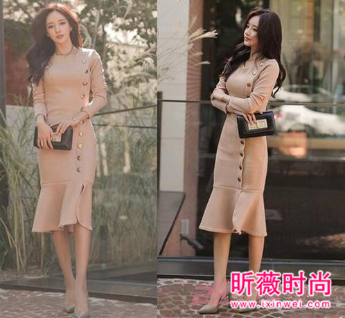 系带高腰高领长袖针织裙 冬季美女衣橱必备单品