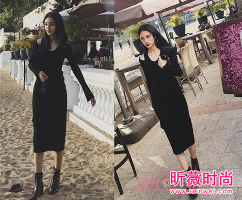 系带高腰高领长袖针织裙 冬季美女衣橱必备单品