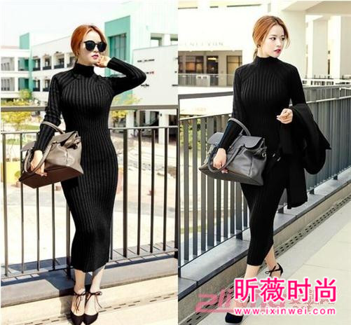 系带高腰高领长袖针织裙 冬季美女衣橱必备单品