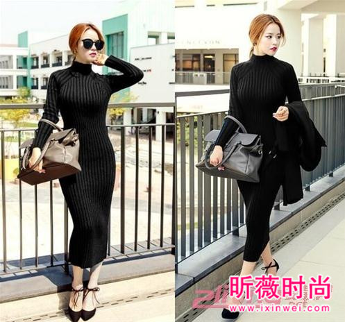 系带高腰高领长袖针织裙 冬季美女衣橱必备单品