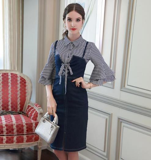 一字领拼色条纹针织衬衫裙搭配：知性优雅（图）