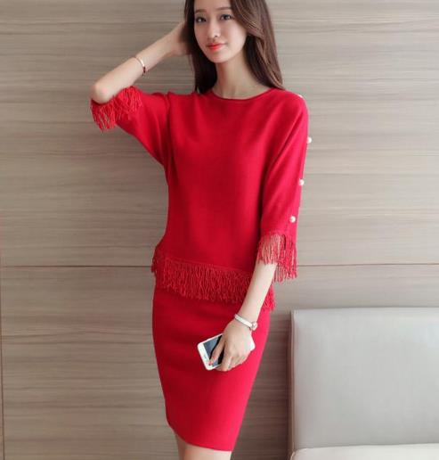 时尚针织套装单穿打底都很美：撞色短裙套装搭配