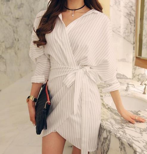 条纹系带衬衫裙搭配：显瘦显气质衬衫裙分享（图）