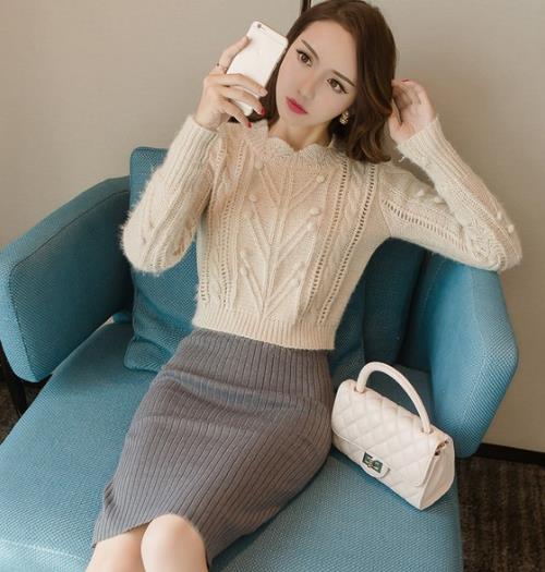 适合秋冬的两件套：时尚蕾丝拼接针织两件套（图）