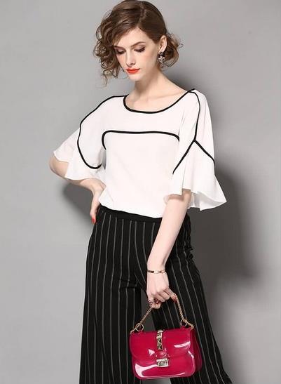 阔腿裤搭配勾边荷叶袖雪纺衫：显高显瘦雪纺衫推荐