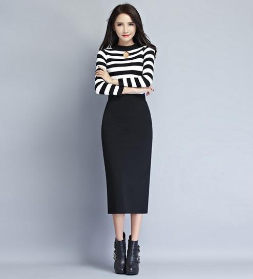 修身毛呢半身裙一步裙怎么搭配上衣：妩媚轻熟（图）