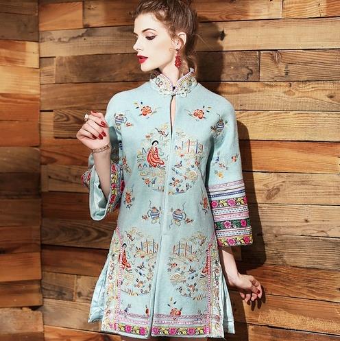 复古时尚小立领刺绣民族风外套搭配：精致优雅（图）