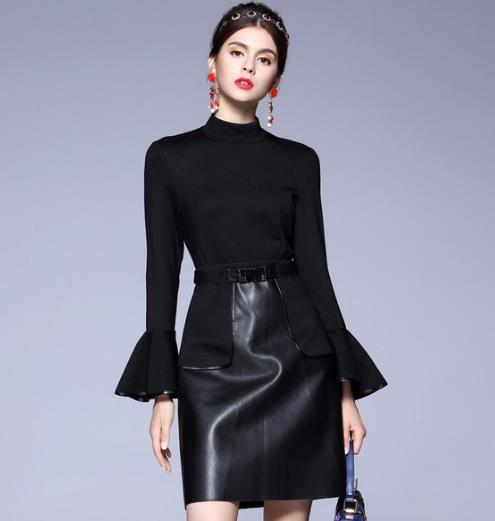 小立领皮质拼接女裙搭配手提包：优雅性感女人味