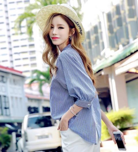 2017早秋翻领条纹长袖衬衫：女装新款衬衫推荐