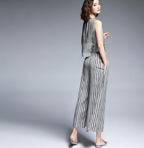 条纹亚麻阔腿裤两件套：简约大气阔腿裤推荐