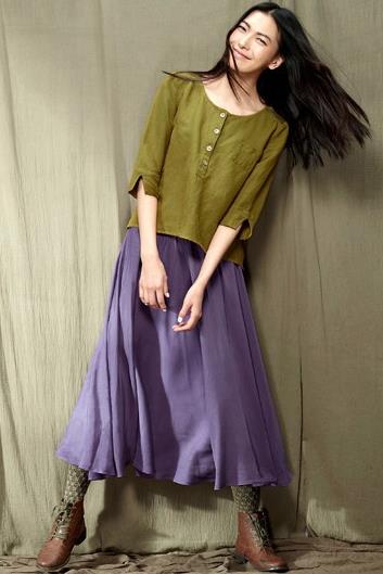 棉麻圆领中袖T恤搭配:打造清爽宜人森女系(图) 棉麻圆领中袖T恤搭配:打造清爽宜人森女系(图)