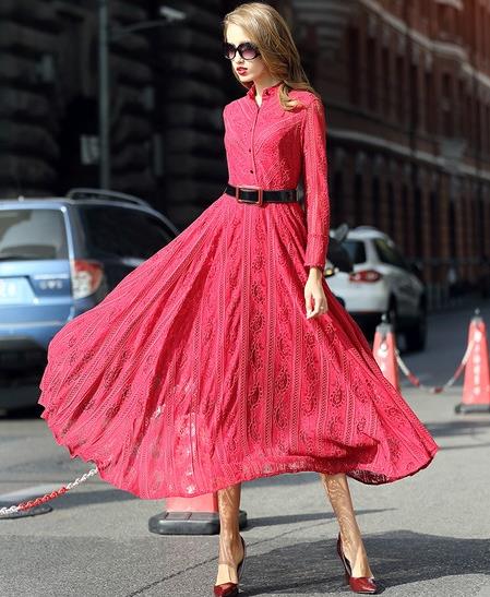 早秋长袖蕾丝收腰长裙搭配：女装新款优雅长裙推荐