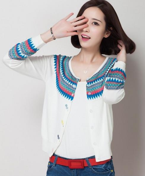 牛仔裤搭配提花圆领针织开衫：青春减龄学院风