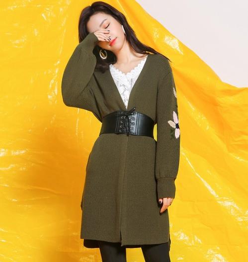 今年春季流行军绿色刺绣V领针织衫搭配（图）