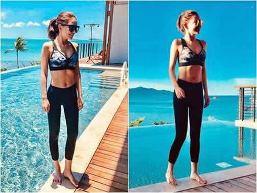 昆凌穿露脐装秀腹肌：丸子头笑容甜美,昆凌健身照片